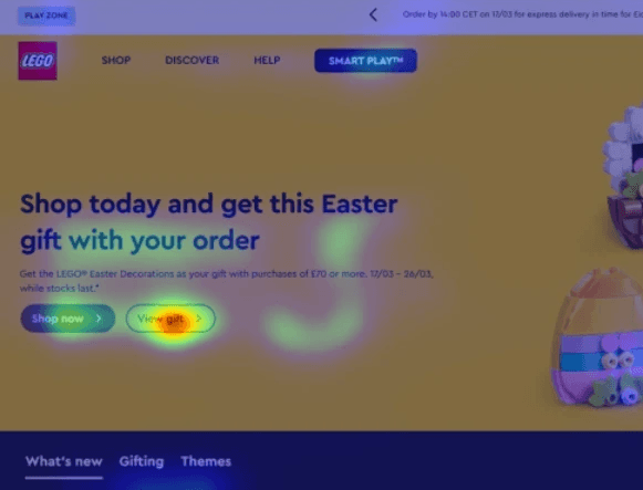 Predictive attention heatmap, overlaid on the Lego website.