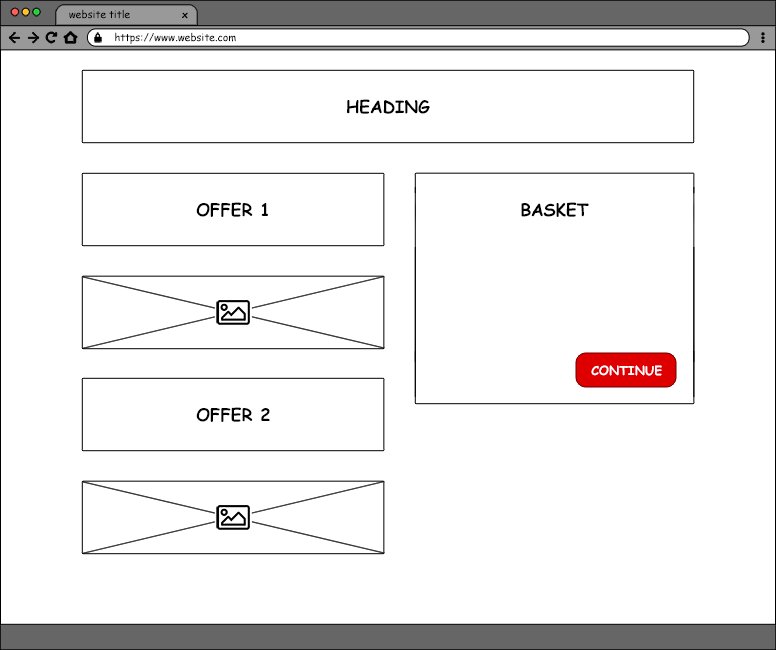 Mock-up of a website with a red continue button to help show how you might implement A/B testing with the steps provided