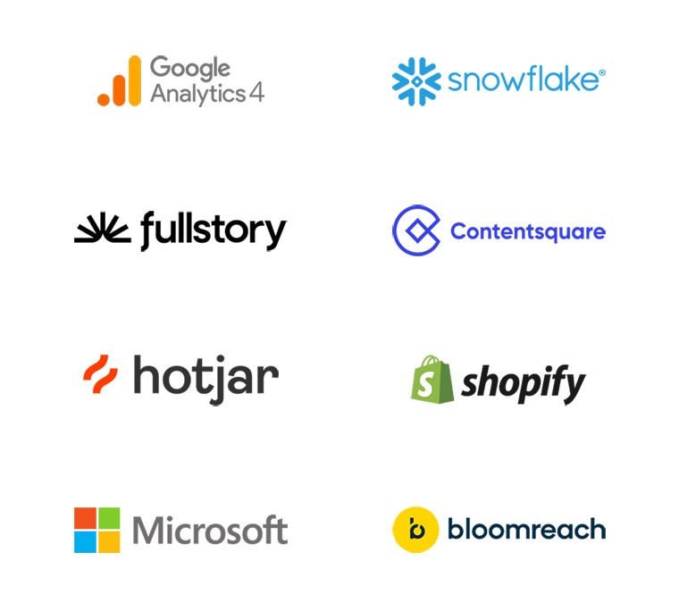 Logos for GA4, Snowflake, Fullstory, Contentsquare, Hotjar, Shopify, Microsoft and Bloomreach