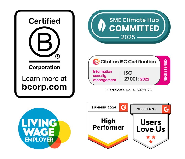 Logos for B Corp, Living Wage Employer, SME Climate Hub and G2.com